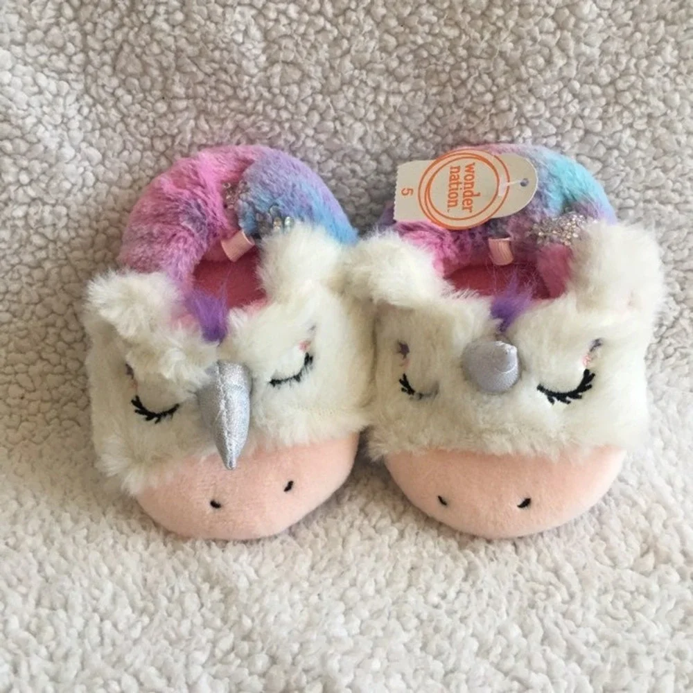 Wonder Nation Unicorn Slippers Toddler Girls Size 6 Pink NWT Faux Fur‎ Glitter